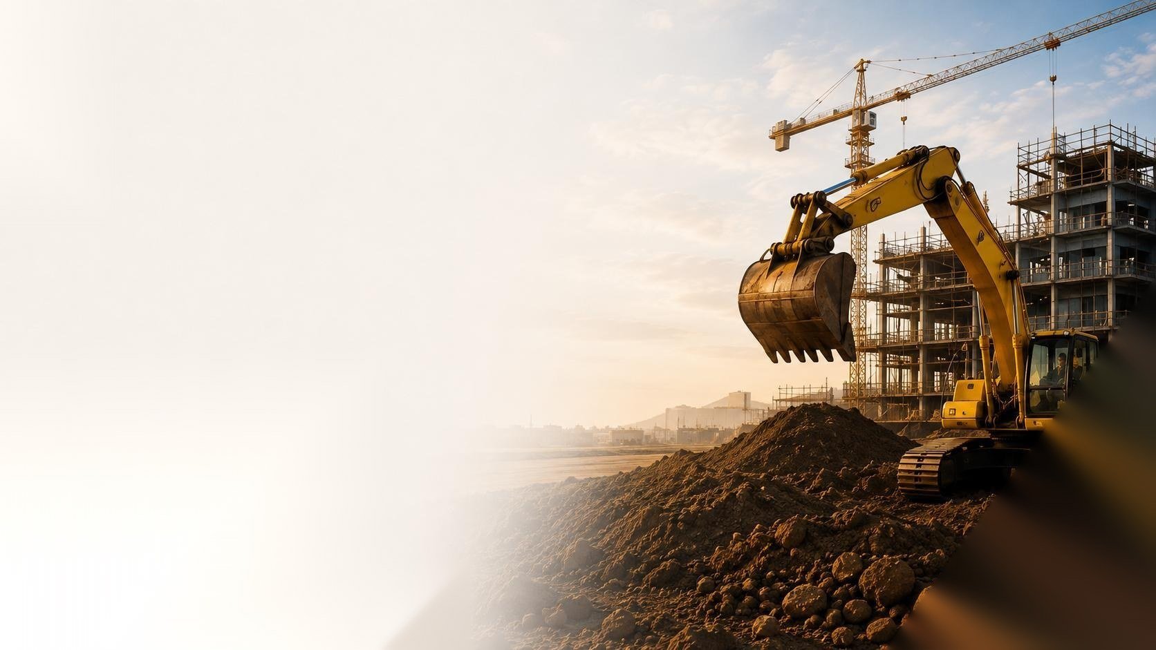Area konstruksi dengan ekskavator dan tower crane membangun gedung